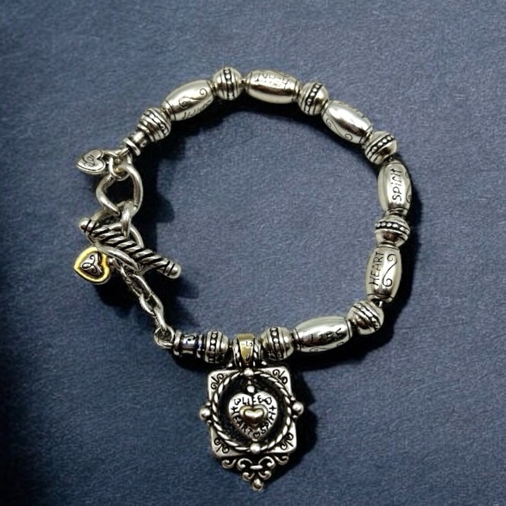 Vtg Brighton ‘Life Heart Spirit’ Silver Tone Toggle Link Bracelet 7.5-8.5”
